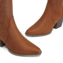 Knee High Boots Women, Pull On Zipper Chunky Heel Pointed Toe Embroidered Western Cowgirl Cowboy Boots Christmas Fall - 咖啡棕 - 查看 4