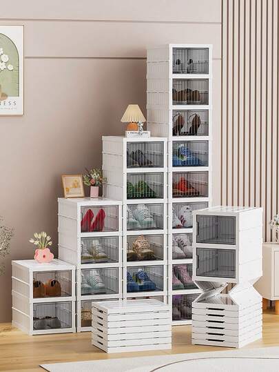 1个可折叠鞋架，防尘宿舍鞋柜，透明玄关鞋架，塑料鞋盒，轻便透明家用鞋柜收纳架，适用于运动鞋、靴子和日常鞋履，节省空间且便于携带，是走廊、小公寓、宿舍和换季整理的理想之选。易于折叠设计，隔板可拆卸，耐用塑料材质，是开启新生活或情人节礼物的完美之选。