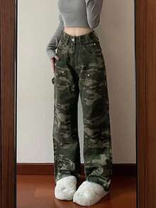 Jeans para mujer Pantalones vaqueros de camuflaje estilo retro americano de High Street para mujer, pantalones sueltos y rectos de verano, cómodos y que estilizan. - Verde militar - Ver 5