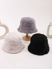 1 件纯色可爱防紫外线秋冬女士仿羔羊毛卷边渔夫帽，温暖可爱的泰迪羊毛渔夫帽，纯色时尚百搭渔夫帽 - 彩色 - 查看 6
