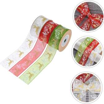 3件混装【每卷5米长*2.5厘米宽】跳跳音符、驯鹿雪纺丝带、蝴蝶结材质、礼品包装、圣诞丝带