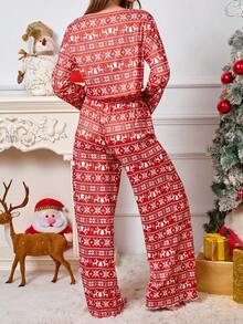 2 piezas Conjunto de pijama de mujer casual con estampado de Feliz Navidad y Año Nuevo, de punto acanalado con cordón, de manga larga y pantalones, adecuado para uso en casa, ropa de invierno - Rojo - Ver 2