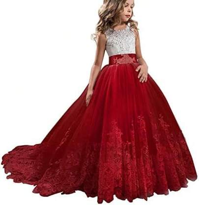 TTYAOVO Floor Length Lace Princess Dress Girl Party Wedding Bridesmaid Dress Layered Puffy Tulle Dresses