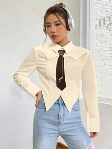 Women's Striped/White/Black Asymmetrical Hem Shirt With Tie: It Combines Vintage Western, Retro, And Casual Styles, And Is Very Suitable For Fashionable Women In Daily And Dating Occasions, As Well As For Students Returning To School And Campus Parties. - 杏色 - 查看 4
