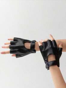 1 Pair Women's Personalized Fashion Holiday Dark Punk Rock Fingerless Gloves With Rivets Leather Inlays For Outdoor Music Festival Party - 黑色 - 查看 4
