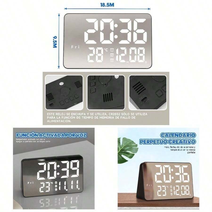 Reloj Despertador Digital con Control de Sonido, Hora, Temperatura y Fecha Simultneas en una sola pantalla, Despertador Inteligente con Pantalla Tctil Para Ajustar 3 Niveles de Brillo Luz Blanca - Luz blanca - Ver 1