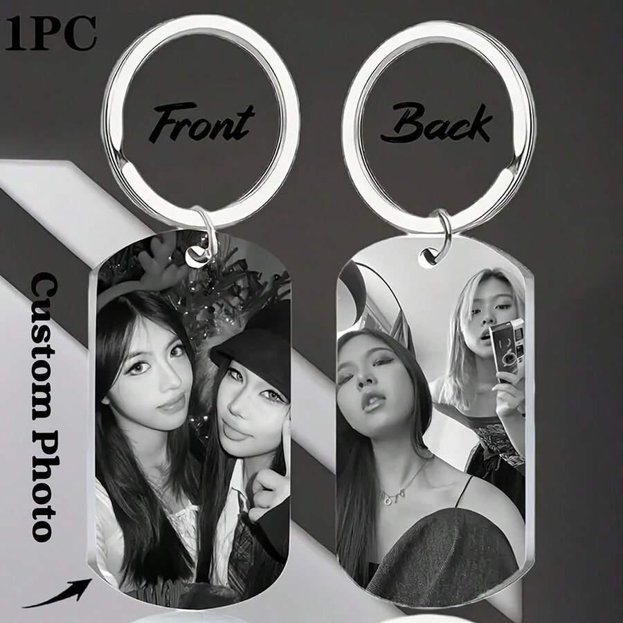 定制雕刻照片/文字钥匙扣 - 个性化激光雕刻心形钥匙圈，耐用金属钥匙扣，男女通用，情人节、圣诞节、家庭礼物，黑色，钥匙扣配件，浪漫礼物，优雅配饰，高品质雕刻，个性化双面照片玻璃钥匙扣