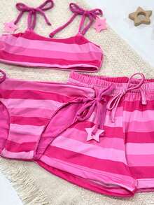 Double-Sided Bikini Kit + Shorts For Girls, UV Sun Protection, Children's Beach - 粉紅色條紋 - 查看 2