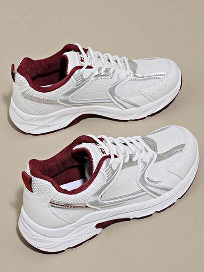 女士春秋新款休闲厚底运动鞋，网眼透气厚底坡跟休闲鞋，轻便百搭时尚系带白/灰色休闲运动鞋，适合所有季节