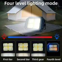 1/2pcs Multi-Function Solar Camping Light, 96 LED Portable Lamp With Side Spotlight, 4 Lighting Modes, 2*1200mAh Lithium-Ion Battery For All-Night Illumination, Digital Display Battery Level, USB Or Solar Charging, Suitable For Outdoor, Camping, Emergency, Expedition, Hiking