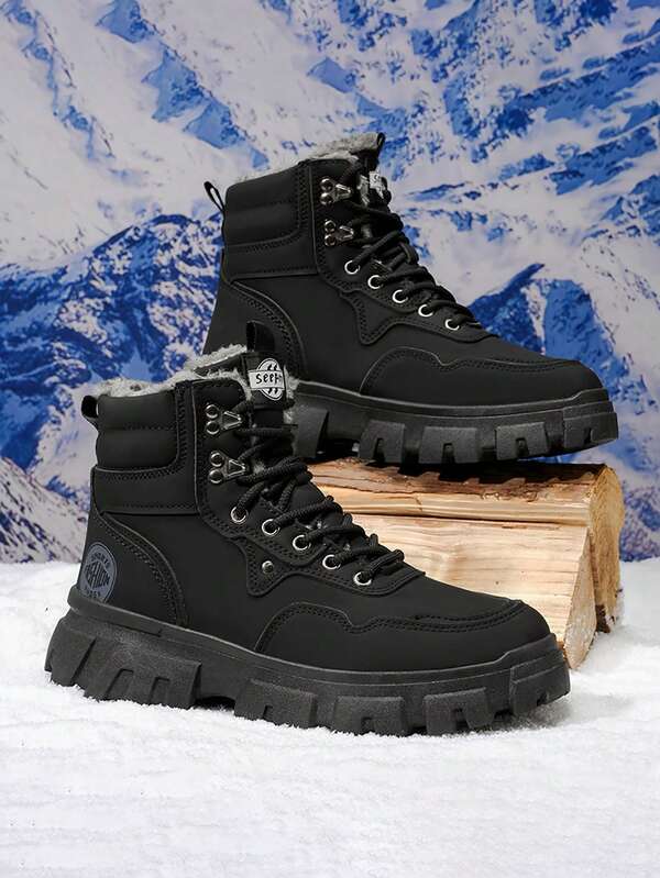 بوت رجالية عالية الكاحل، جديدة للخريف والربيع ذات نعل مطاطي مبطن بالفرو الأسود الناعم، بوت كاجوال متوسطة الطول، بوت رجالية عصرية تناسب الجينز