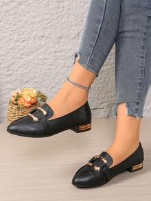 女式学院风商务按扣纯金属休闲舒适平底乐福鞋，黑色 - 黑色 - 查看 1