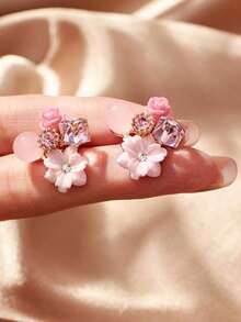 Andkiss 1pair Fashion Zinc Alloy Rhinestone & Flower Decor Stud Earrings For Women For Daily Decoration Valentines - 圖片款 - 查看 3