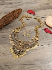 طقم عنقلة عملات قديمة عصري للنساء، عنقلة قمر مستديرة مع شرابات مزينة بالعملات و 2 أقراط - اللون الذهبي القديم - مشاهدة 8