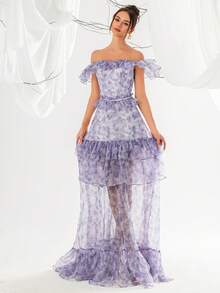 VIPGIRL Vestido de noche elegante de mujer con hombros descubiertos, volantes y malla - Morado - Ver 1