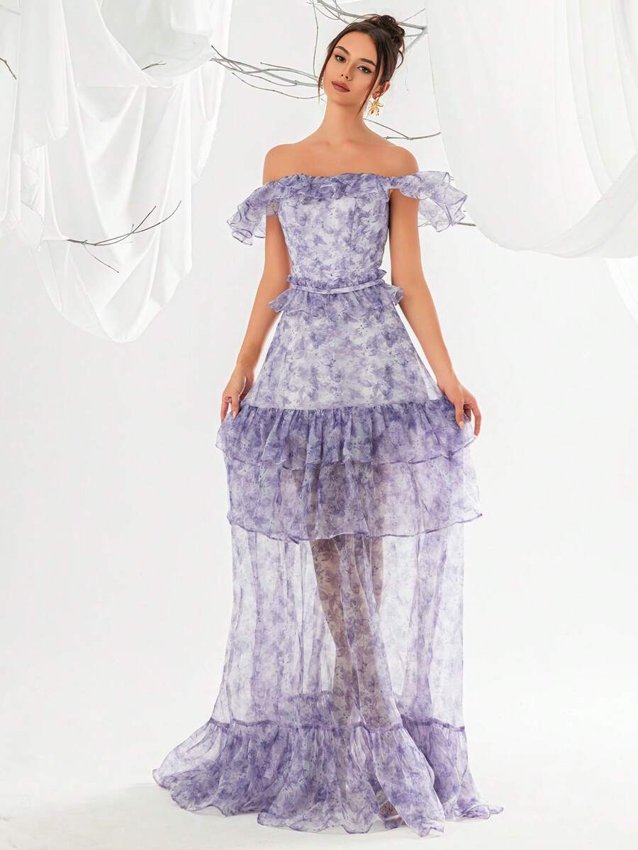 VIPGIRL Vestido de noche elegante de mujer con hombros descubiertos, volantes y malla - Morado - Ver 1