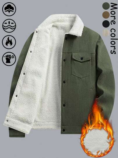 Thermal Lined Corduroy Jacket, Thick & Stylish, Versatile Warm Padded Coat For Youth,Fleece,Winter