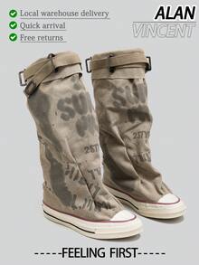 Alan Vincent[Local Delivery][Quick Arrival]Letter Graffiti Canvas Trouser Boots Women's Pleated Pile Boots Niche Design  Women's Canvas Boots Women's Mid-Calf Boots Party Shoes Box Packaging - 卡其色 - 查看 1