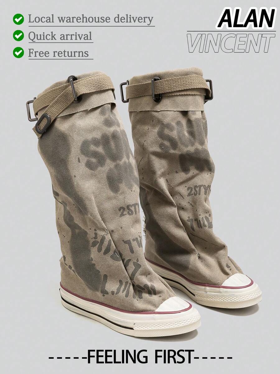 Alan Vincent[Local Delivery][Quick Arrival]Letter Graffiti Canvas Trouser Boots Women's Pleated Pile Boots Niche Design  Women's Canvas Boots Women's Mid-Calf Boots Party Shoes Box Packaging - 卡其色 - 查看 1