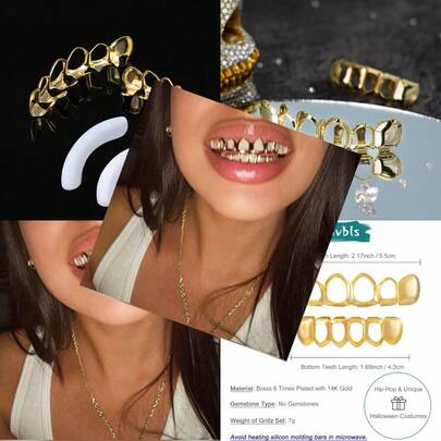 Grillz Gold And Silver 6/8 Teeth Top And Bottom Grillz Set For Men And Women 14K Gold Plated Teeth Caps For Halloween Costume Accessories