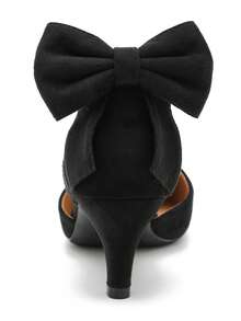 MAIERNISI JESSI Women's Wedding Evening Party Bow Kitten Heels Pumps Ankle Strap Buckle Dress Shoes - 黑色絨面 - 查看 7