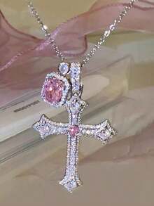 "1pc Rhinestone Cross Necklace With Pink Square Pendant, Fashionable Silver Jewelry For Women, Luxury Necklace For Daily Wear, Perfect For Dating, Parties & Festivals" - 銀色 - 查看 1