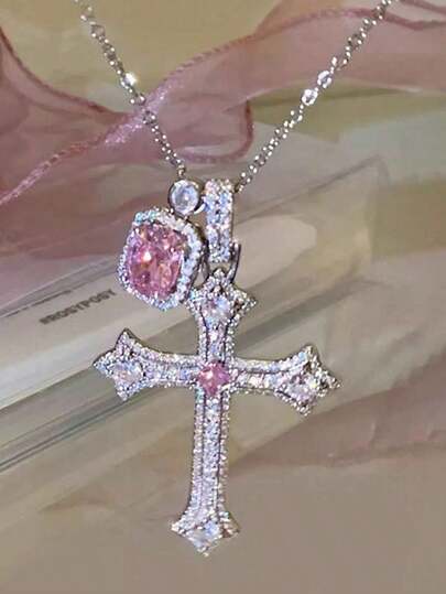 1pc Rhinestone Cross Necklace, Pink Square Pendant Necklace, Fashionable & Luxury Silver Necklace Suitable For Women To Wear Daily, Perfect For Dating, Parties, Festivals And Jewelry Gifts