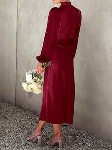 Satin Long Sleeve High Neck Ruched Asymmetrical Elegant Formal Dress, Suitable For Cocktail Party, Bridesmaid - Burgundy - View 2