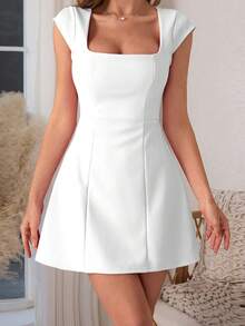 Onicee 夏季连衣裙 白色情人节时尚方领无袖A字迷你短袖派对连衣裙，优雅适合情人节、约会、聚会、派对、旅行、度假、海滩等场合。 - 白色 - 查看 6