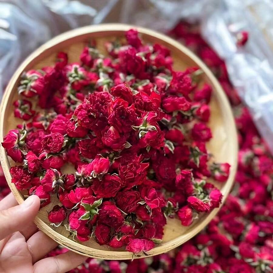 1 Stück 90g Rosenblüte mit Goldrand, konserviert - geeignet für Innenraum-Dekoration, Hintergrund, Tischdekoration, Blumenarrangements, DIY Handwerksarbeiten, kerzentauglich - Goldumrandete Krone (1 Stück) - Übersicht 1