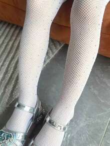 1 件女童舒适透气水钻装饰渔网紧身裤，适合公主时尚、舞蹈、日常穿着 - 白色 - 查看 9