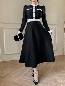 abyoxi 女士黑白撞色优雅圆领纽扣花瓣袖A字中长连衣裙，时尚休闲正式晚礼服，秋冬款 - 黑色 - 查看 6