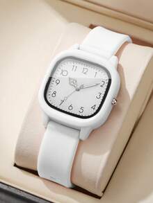 1 件女士硅胶石英表，时尚简约方形表盘，经典腕表（1 件/套），不含表盒 - 白色 - 查看 9