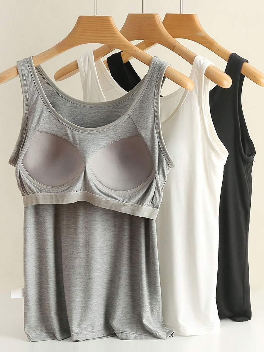 3Pcs Women's Cozy Pajamas,Camisole Tank Tops,With Built In Bra, Simple Breathable Tank Top, Basic Yoga Top Layering Tank Top Padded Bra Undershirt.Suitable For Summer, Fall(Black +White+Gray) - 黑色,白色和灰色 - 查看 1
