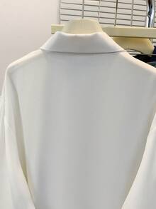 Elegant Women's Long Sleeve Button Up Shirt Blouse In Semi-Sheer White Polyester Featuring A Stylish Shirt Collar