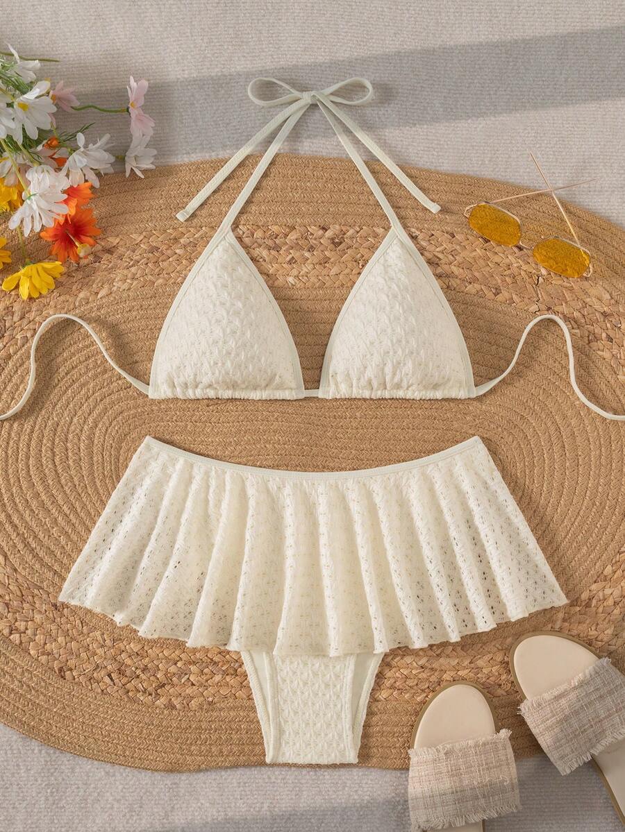 Elegant Sexy Halter Bikini Set - Unique Fabric Ruffled Skirted Bottoms Timeless Women's Swimwear Vacation Beach - Apricot - View 1