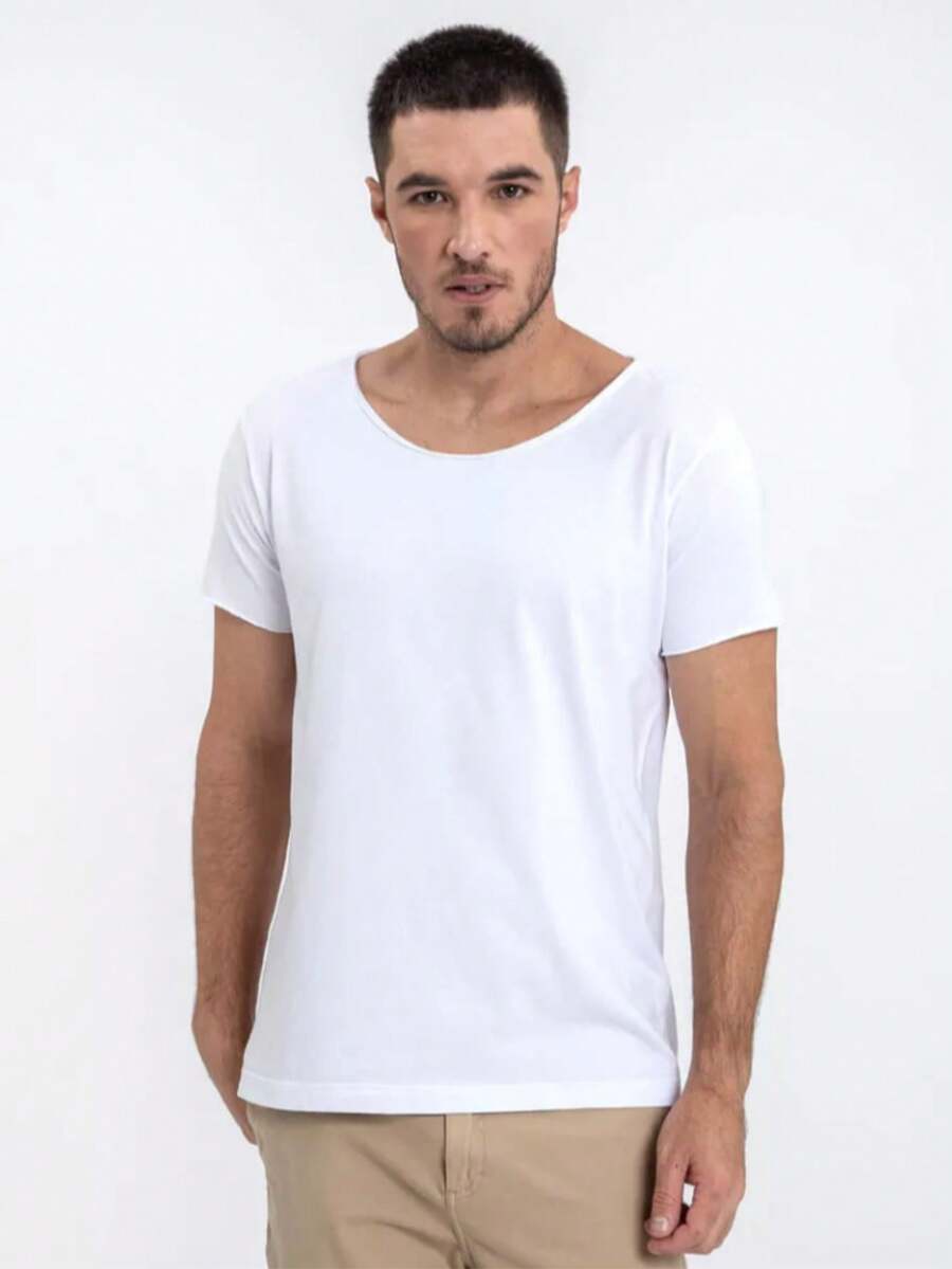 Men's Basic White Boat Neck T-Shirt Beautiful - 白色 - 查看 1