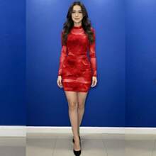 Vestido mesh manga larga cuello semialto con estampado de flores trasnsparencia sexy moda chic juvenil fiesta - Rojo - Ver 2