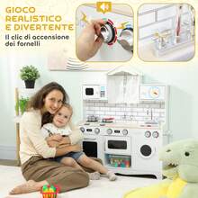 AIYAPLAY Cucina Giocattolo per Bambini da 3-6 Anni, Cucina in Legno con Set di Accessori in Acciaio e Armadietti, Lavandino, Manopole con Suoni e Forno, Bianco - Bianco - Visualizzare 4