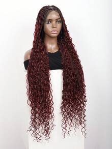 全蕾丝前结盒编织假发，带婴儿头发和波西米亚风卷发，36 英寸合成蕾丝前盒编织假发，日常使用 - 酒紅色 - 查看 5