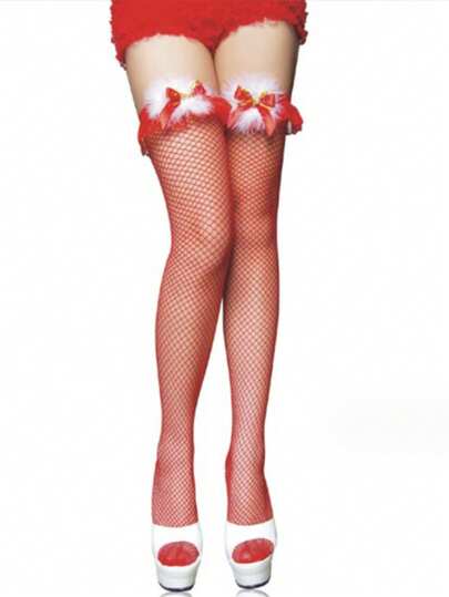 1 pezzo di calze a rete sexy rosse con fiocco e campanella natalizia carina, accessorio per costume da festa