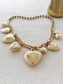 1 Set Punk Retro Minimalist 3D Heart Pendant Necklace & Bracelet, Casual Street Style For Women
