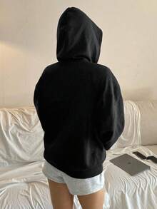 1pc Teen Girls Casual Minimalist Thermal Lined Hooded Sweatshirt Sweatshirt, Warm For Spring, Autumn & Winter - Black - View 5