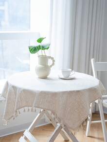 Bubaba 1 块纯色方形桌布，波西米亚现代亚麻棉混纺方形桌布，适合圣诞节装饰、万圣节派对、小桌子、床头柜、沙发、玄关柜，四季皆宜 - 米色 - 查看 2