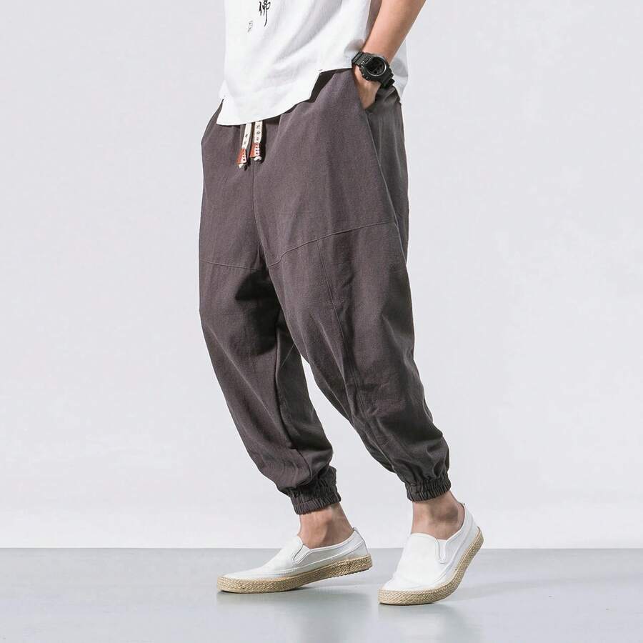 Nueva marca de pantalones harem oversize para hombres, pantalones de lino chinos, pantalones casuales sueltos de alta calidad para hombres - Gris - Ver 1
