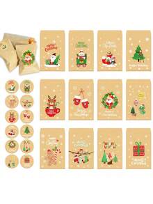 24pcs/Set Christmas Envelopes Bags, Gift Bags, Christmas Party Candy Bags, Christmas Card Gift Small Storage Bags, Retro Cartoon Holiday Gift Wrapping Paper Bags - Multicolor - View 4