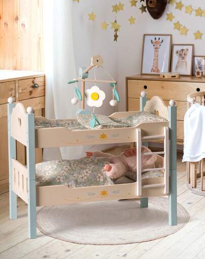 ROBUD Wooden Doll Bunk Bed, Playhouse Educational Toy Furniture With Ladder And Bedding Set. Suitable For 18-Inch Dolls, Ideal Role-Play Toys For Boys And Girls Aged 3+ (Blue)