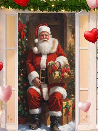 Christmas Santa Door Banner Decor Set, Polyester Merry Xmas Porch Sign, Festive Carnival Theme Santa Claus Pattern, Multipurpose Indoor/Outdoor Decoration For Home Party, Pack Of 1