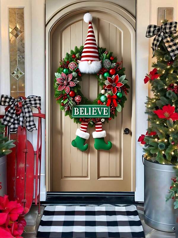 1 pieza Colgador de puerta navideño, de poliéster, disponible en varios tamaños, diseño festivo de piernas y gorro a rayas, patrón de corona navideña con placa de nombre, adecuado para decoración estacional, decoración navideña, decoración de fiesta