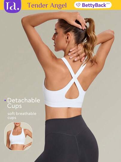 Tender Angel 女士交叉背带瑜伽运动文胸，中等支撑，可拆卸胸垫，白色春季款
